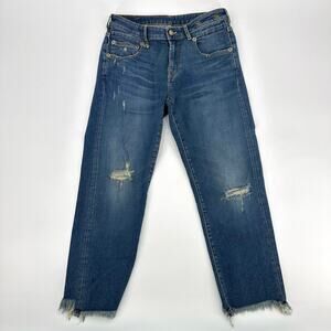 R 13 Straight Boy Distressed Raw Hem Jeans Baylis Cropped WMNS 27 Blue Denim